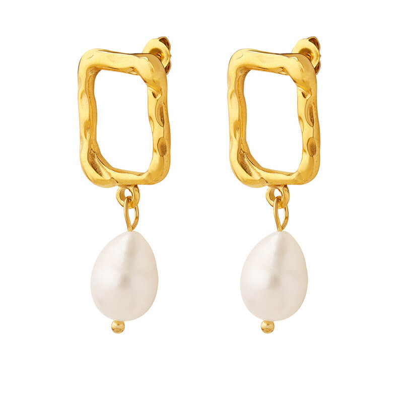 18K Coated Real Gold Plated Square Freshwater Pearl Earrings