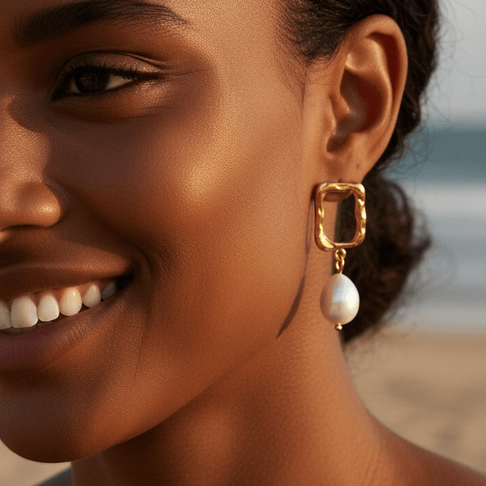 18K Coated Real Gold Plated Square Freshwater Pearl Earrings