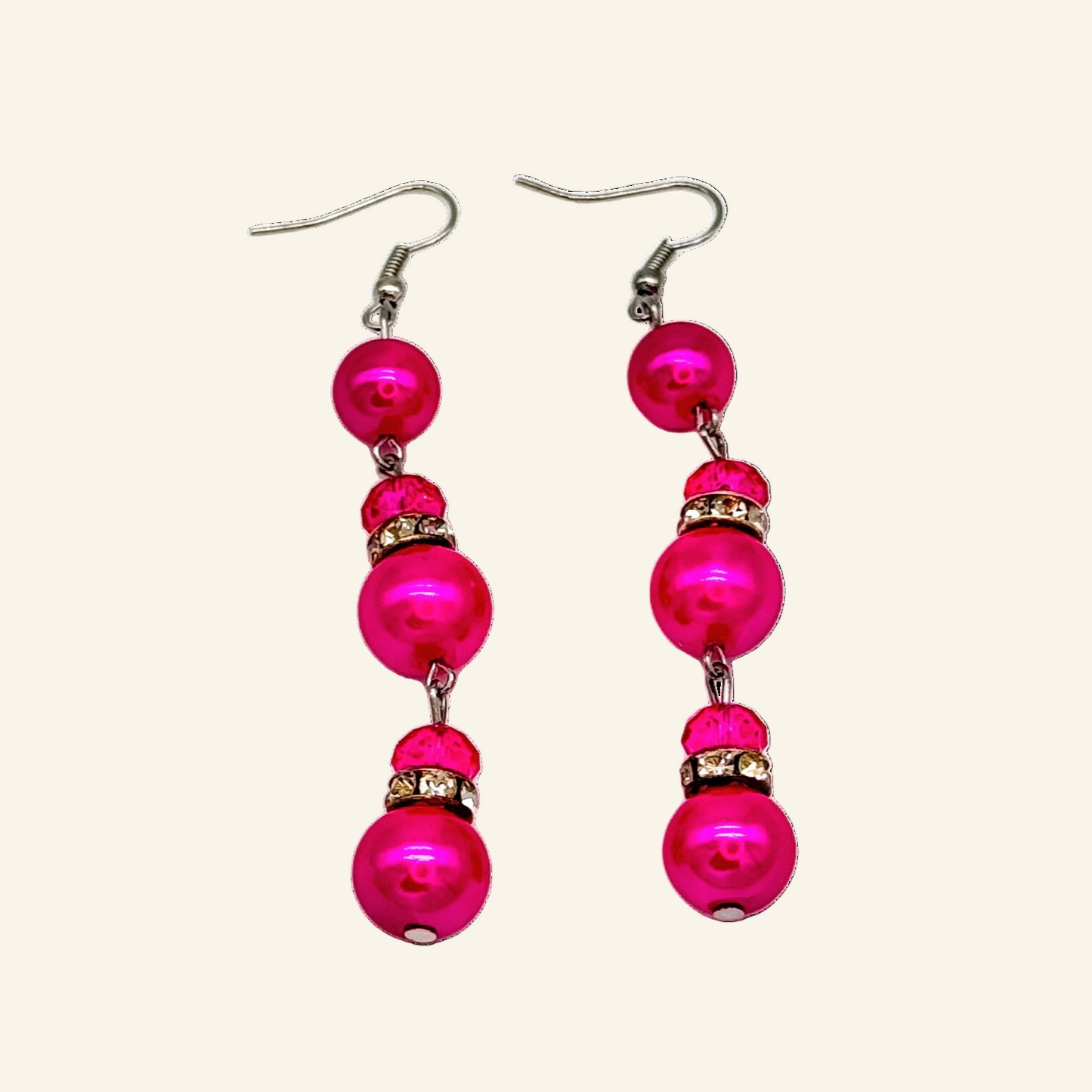 Hot Pink Triple Drop Simulated 3" Pearl Earrings