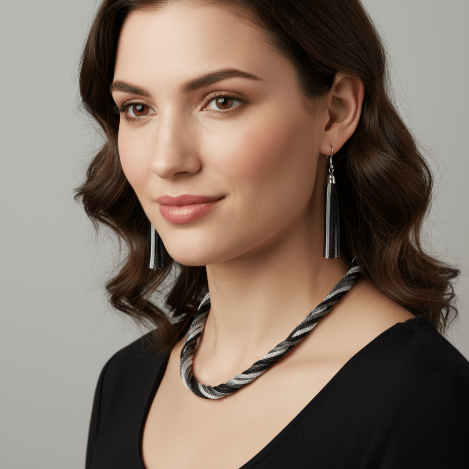 Silver Tone Muti-Color Twisted Long Rope 32" Necklace Set