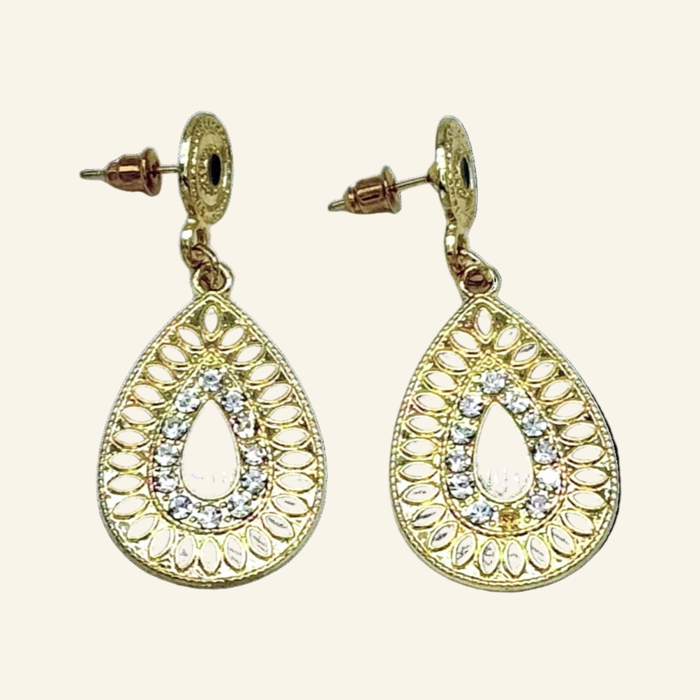 Black Teardrop Gold Tone Dangle 1 3/4" Earrings