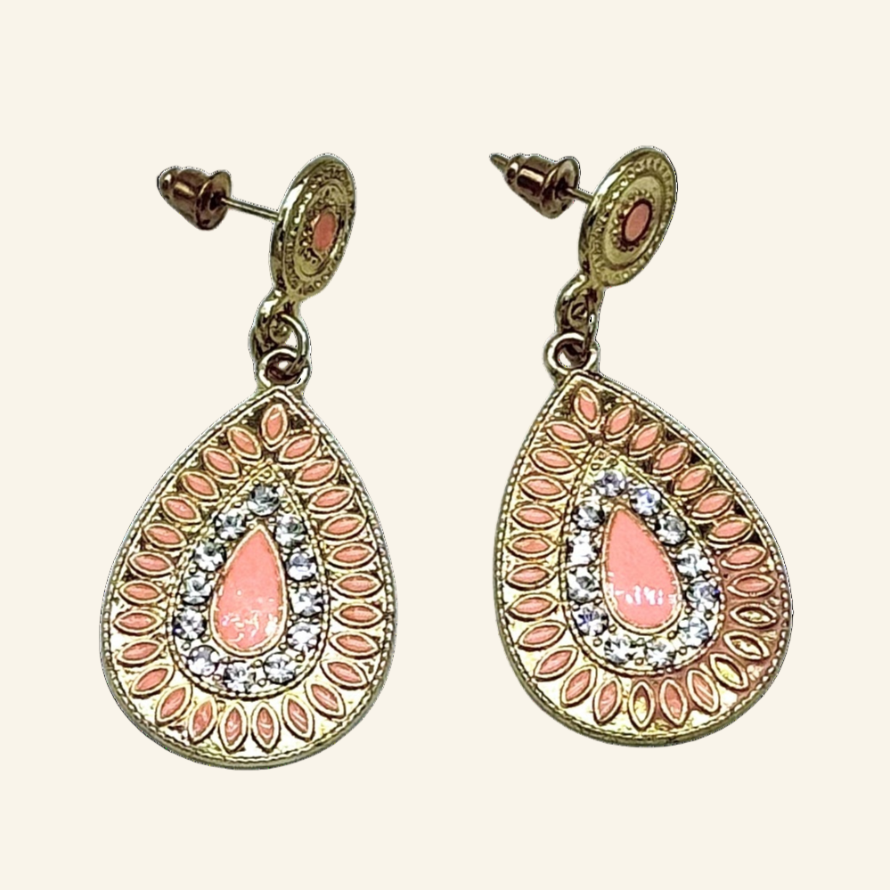 Peach Teardrop Gold Tone Dangle 1 3/4" Earrings