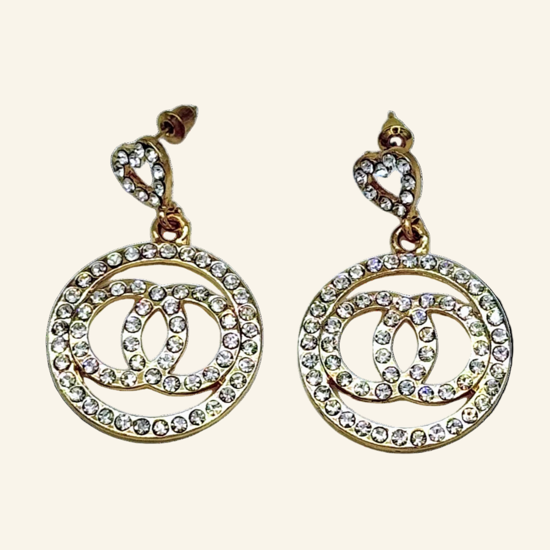 Gold Tone Double Circle Heart 1" Earrings