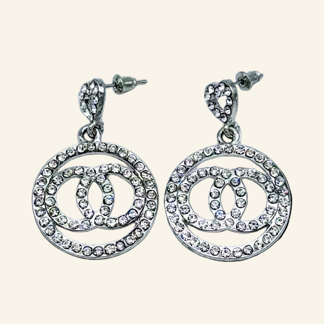 Silver Tone Double Circle Heart 1" Earrings
