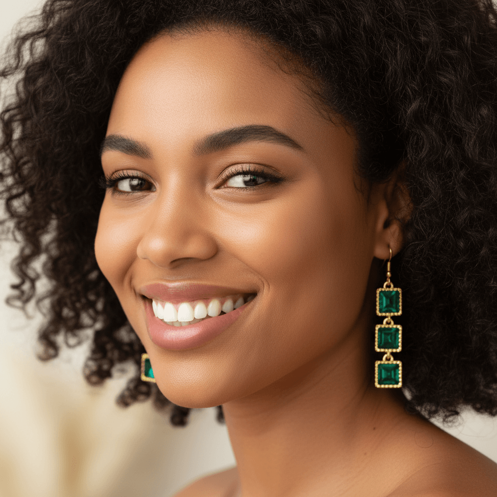 Green Rhinestone Chain Dangle 2" Earrings