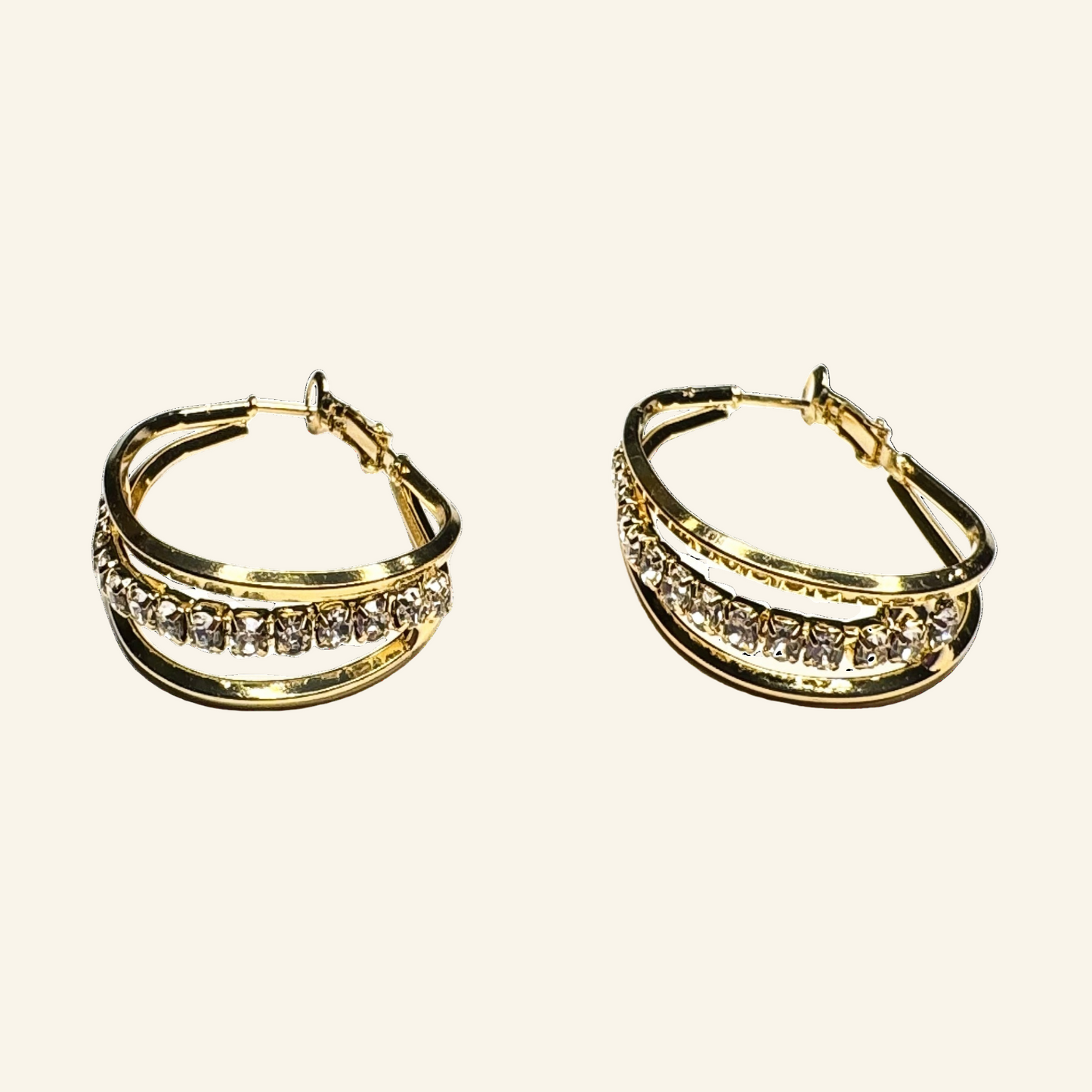 Rhinestones Oval Simulated 1 1/2" Gold Earrings