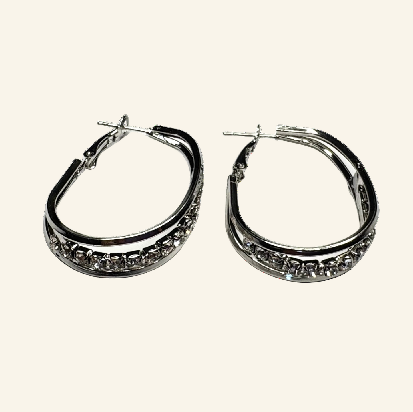 Rhinestones Oval Simulated 1 1/2" Silver Earrings