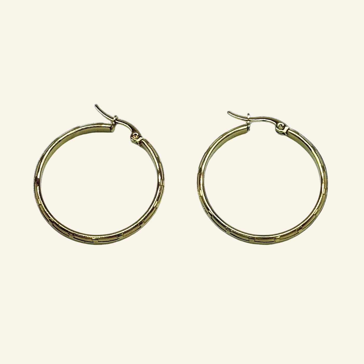 Gold Tone Diamond Cut Design Hoop 1 1/4" Earrings