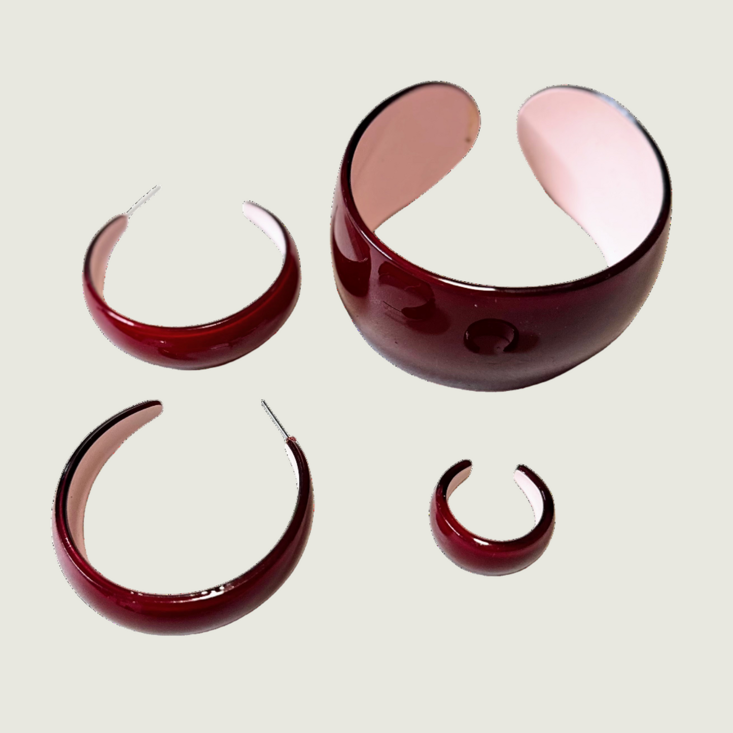 Burgundy Acrylic Cuff Bangle Bracelet with 2" Earrings and 1 Ring Set