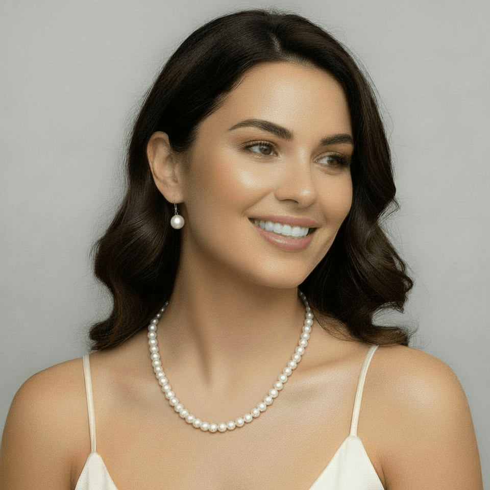White Similated Pearls and Earrings 32" Necklace Set