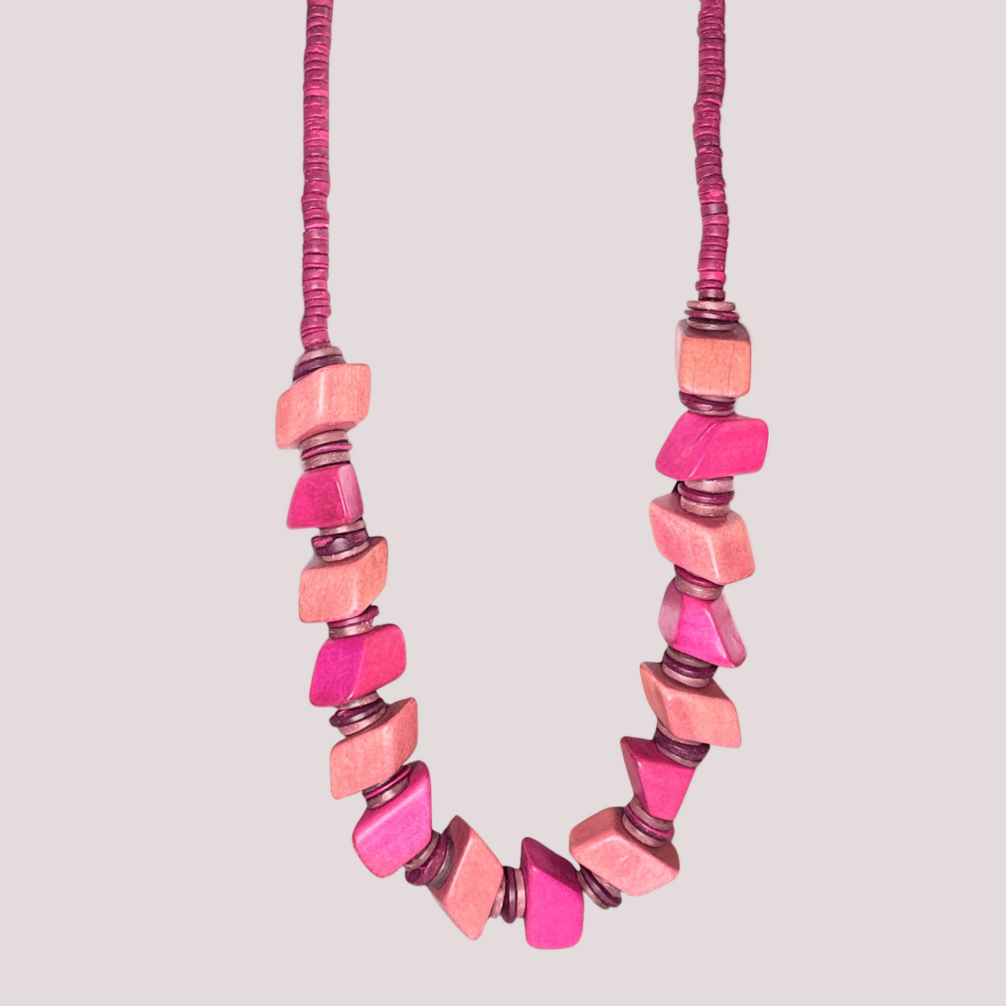Chunky Cube Wood Beads Necklace Pink 32"