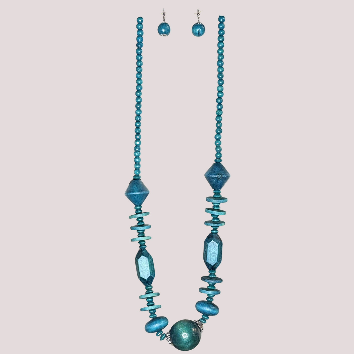 Chunky Cube Wood Beads Necklace Set 32"