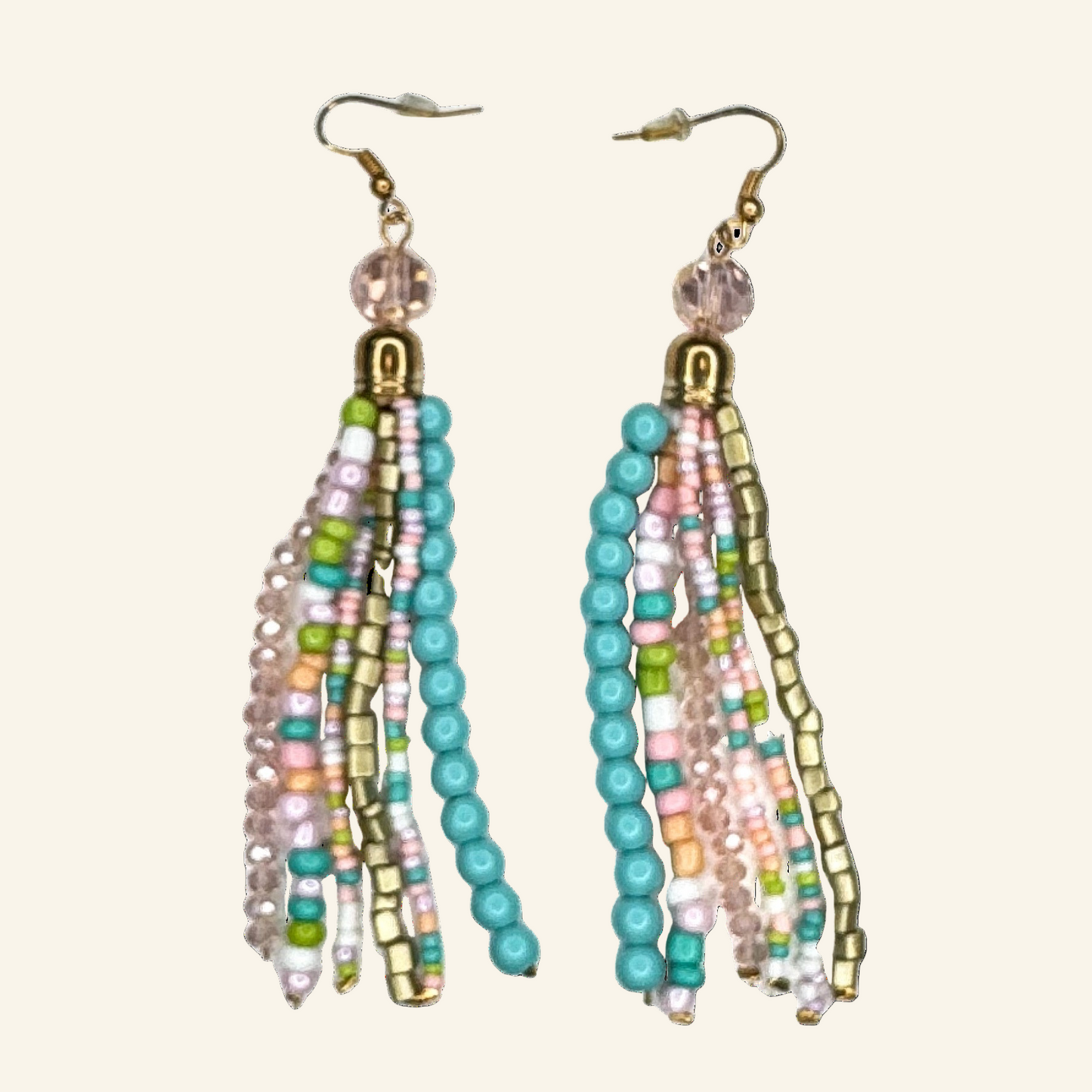 Blue Pink Tassel Beaded 4" Earrings