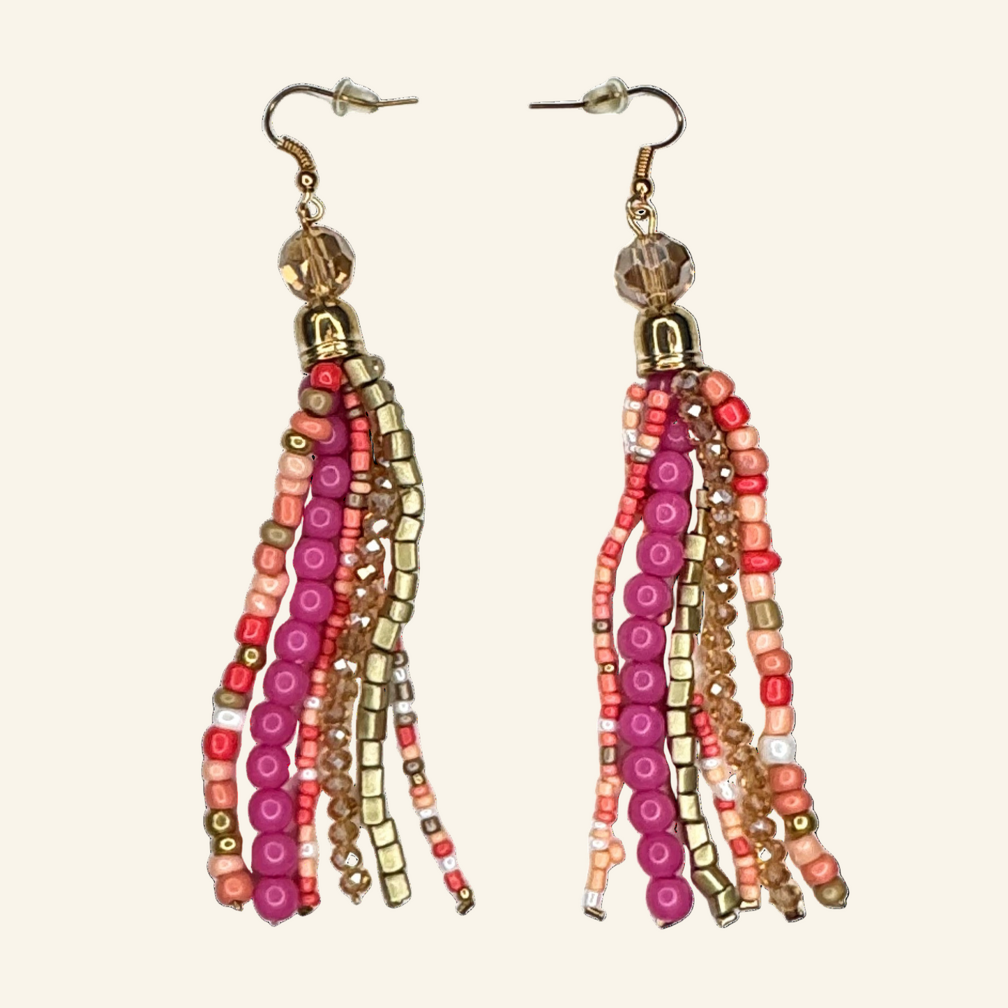 Pink Tassel Beaded 4" Earrings