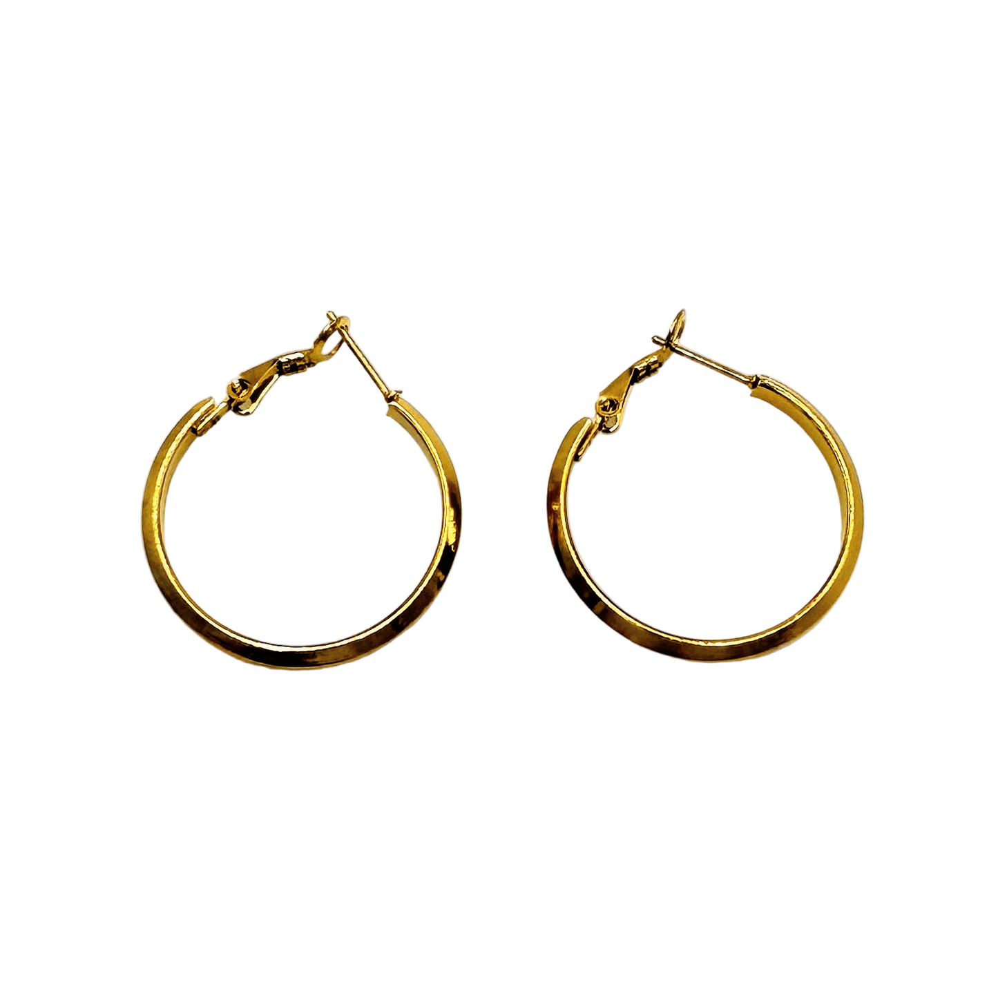 Gold Tone Beveled Hoop 1" Earrings Stainless Steel