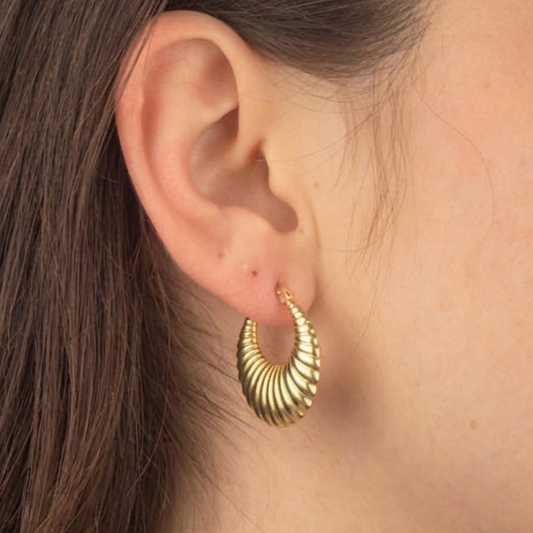 18k Gold Plated 1" Oval Scallop Chunky Hoop Earrings Set