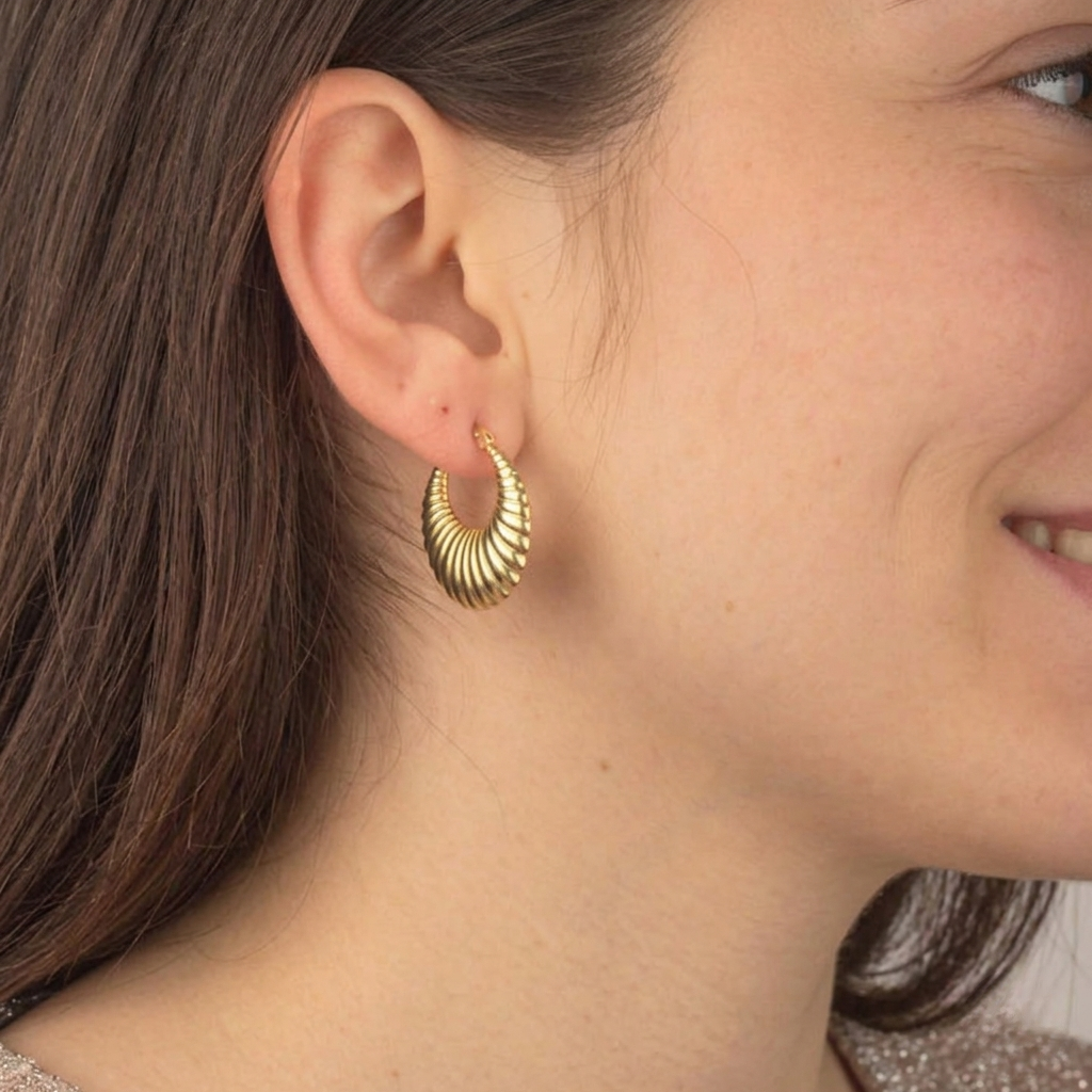 18k Gold Plated 1" Oval Scallop Chunky Hoop Earrings Set