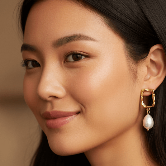 18K Coated Real Gold Plated Square Freshwater Pearl Earrings
