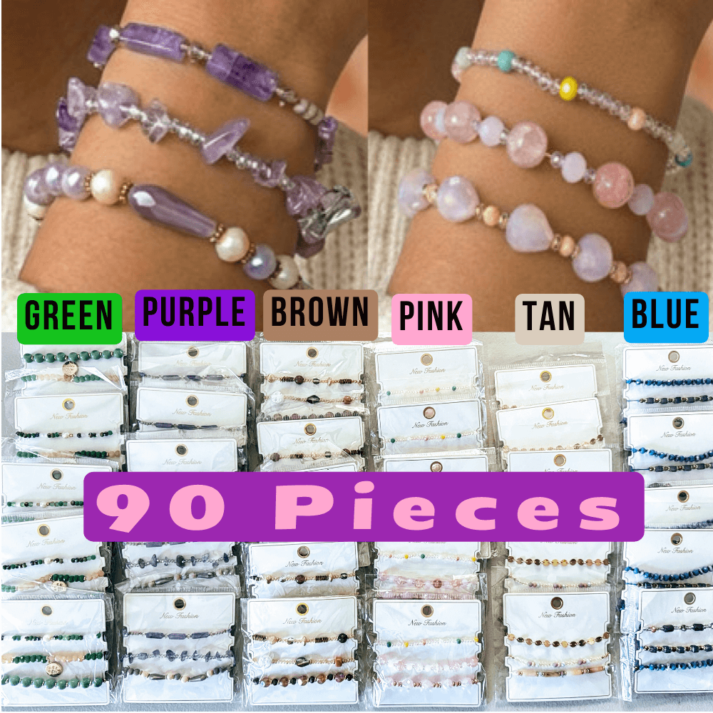 Jewelry Wholesale Lot of 90 Bracelets, Beaded, Crystals, Stones for Women and Girls.