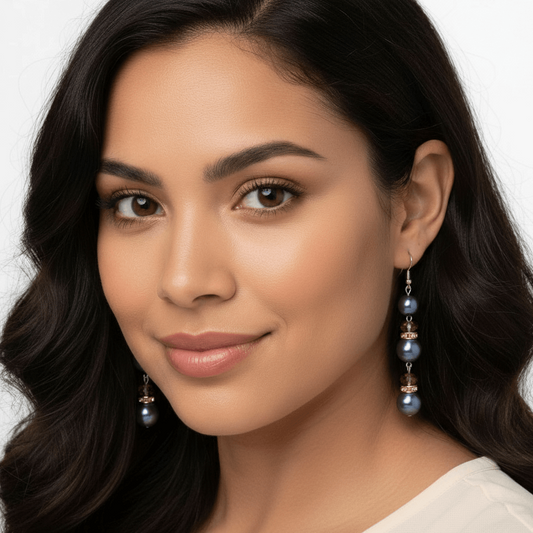 Grey Triple Drop Simulated 3" Pearl Earrings