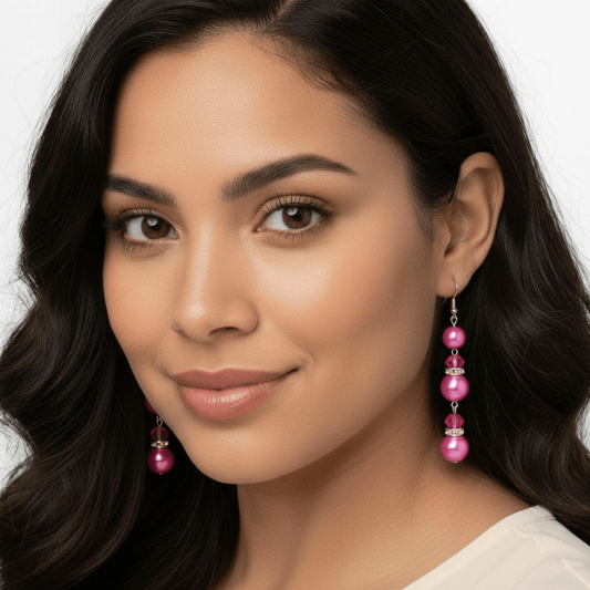 Hot Pink Triple Drop  Simulated 3" Pearl Earrings