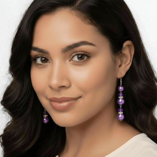 Purple Triple Drop Simulated 3" Pearl Earrings