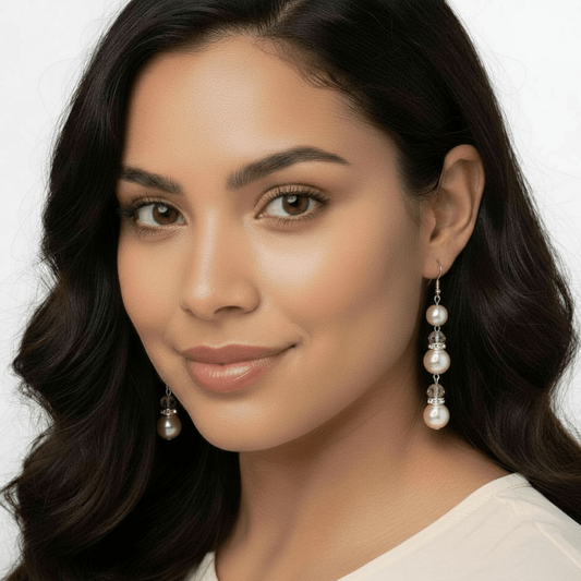 White Triple Drop Simulated 3" Pearl Earrings