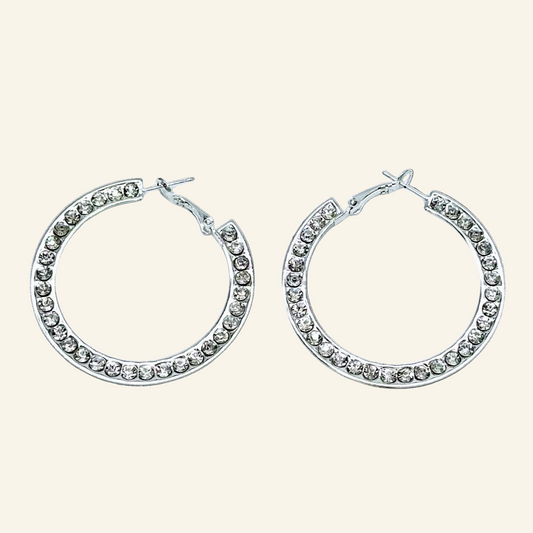 Silver Tone Clear 1" Hoop Earrings