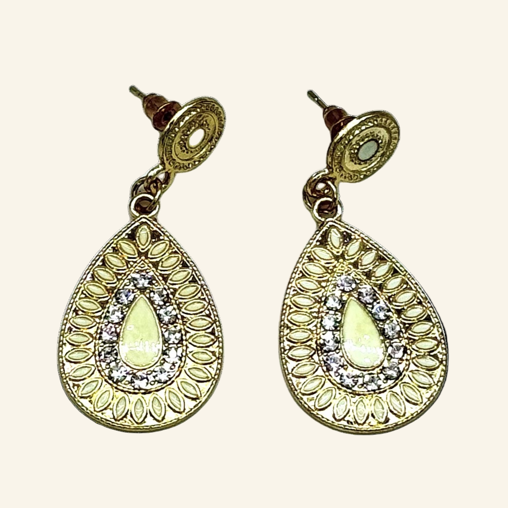 Beige Teardrop Gold Tone  Dangle 1 3/4" Earrings