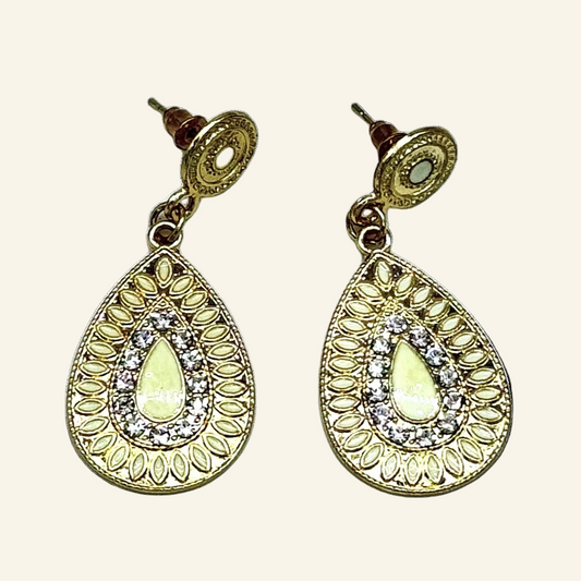 Beige Teardrop Gold Tone  Dangle 1 3/4" Earrings