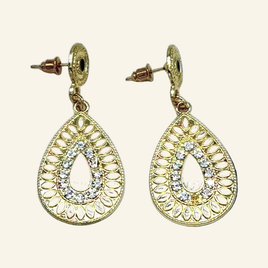 Black Teardrop Gold Tone  Dangle 1 3/4" Earrings