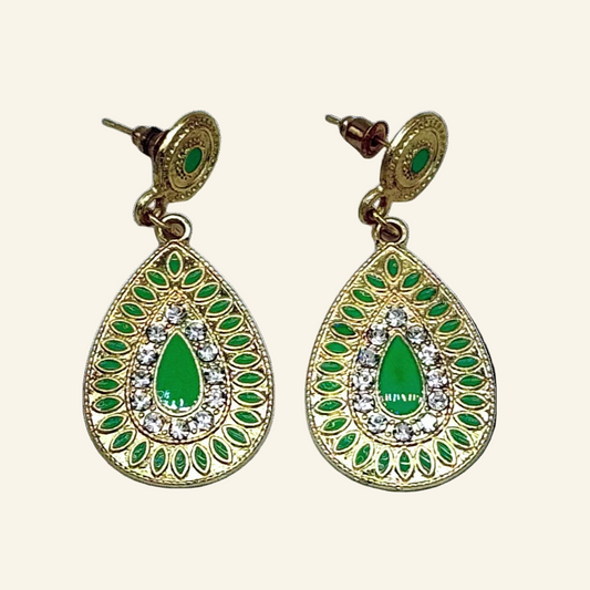 Green Teardrop Gold Tone  Dangle 1 3/4" Earrings