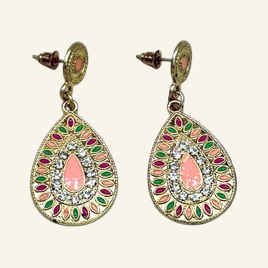 Multi-Color Teardrop Gold Tone  Dangle 1 3/4" Earrings