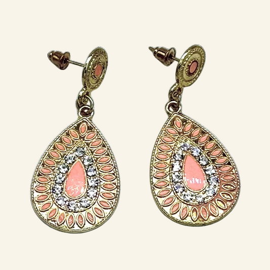 Peach Teardrop Gold Tone  Dangle 1 3/4" Earrings