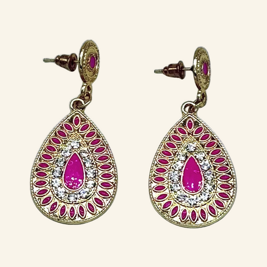 Pink Teardrop Gold Tone  Dangle 1 3/4" Earrings