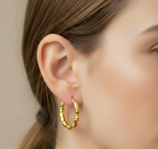 Bamboo Simulated  Gold Hoop 2" Earrings