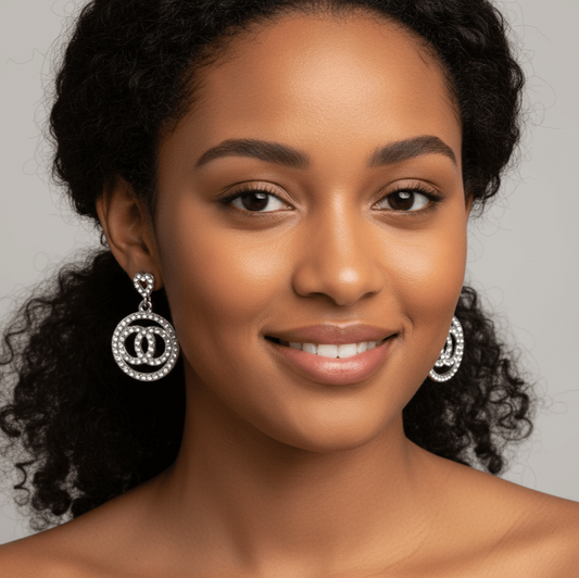 Silver Tone Double Circle Heart 1" Earrings