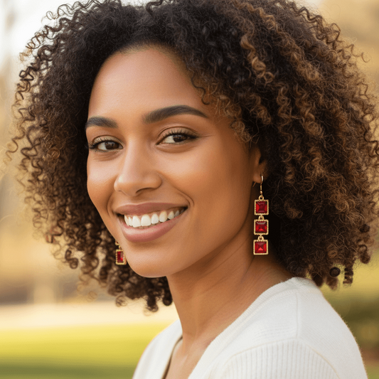 Red Rinestone Chain Dangle 2" Earrings