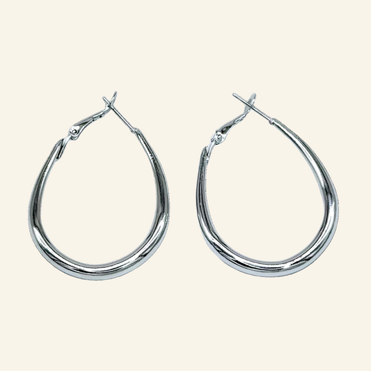 Silver Tone Oval Loop Hoop 1 3/4" Earrings