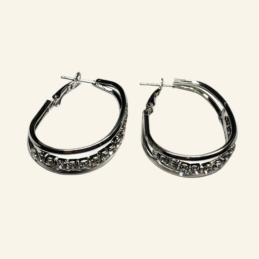 Rhinestones Oval Simulated 1 1/2" Silver Earrings