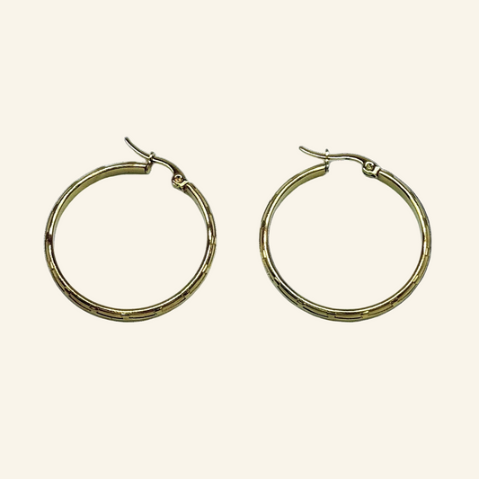 Gold Tone Diamond Cut Design Hoop 1 1/4" Earrings