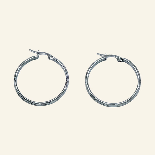 Silver Tone Diamond Cut Design Hoop 1 1/4" Earrings
