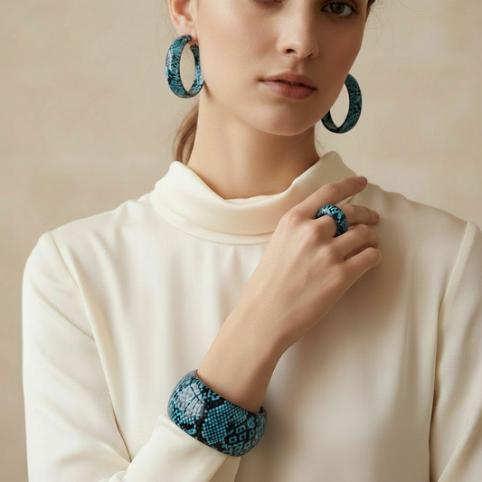 Blue Acrylic Cuff Bangle Bracelet with 2" Earrings and 1 Ring Set