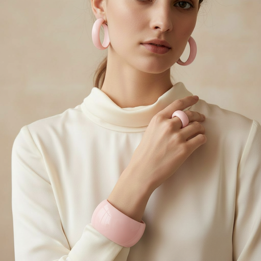Pink Acrylic Cuff Bangle Bracelet with 2" Earrings and 1 Ring Set