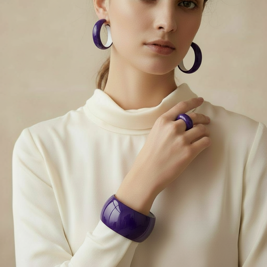 Purple Acrylic Cuff Bangle Bracelet with 2" Earrings and 1 Ring Set