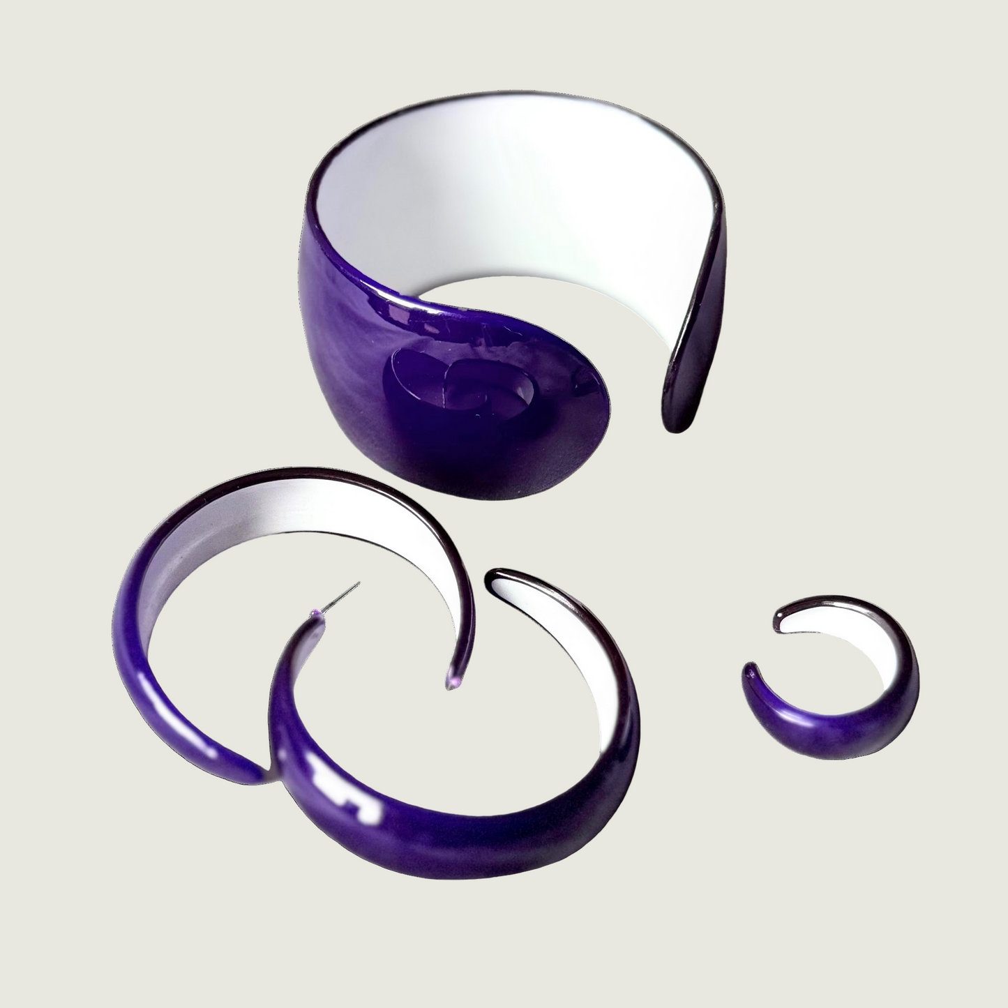 Purple Acrylic Cuff Bangle Bracelet with 2" Earrings and 1 Ring Set