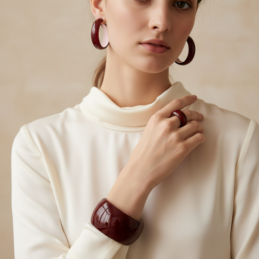 Burgundy Acrylic Cuff Bangle Bracelet with 2" Earrings and 1 Ring Set