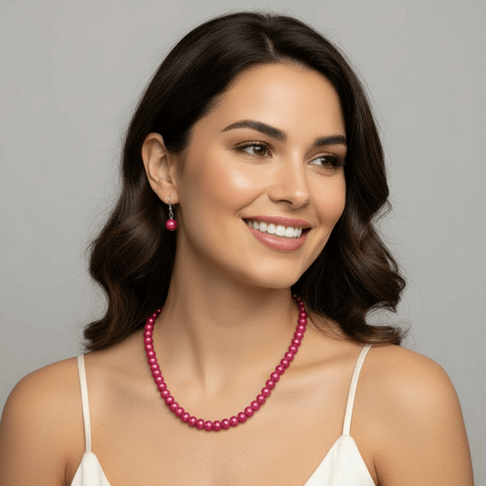 Pink Similated Pearls and Earrings 32" Necklace Set