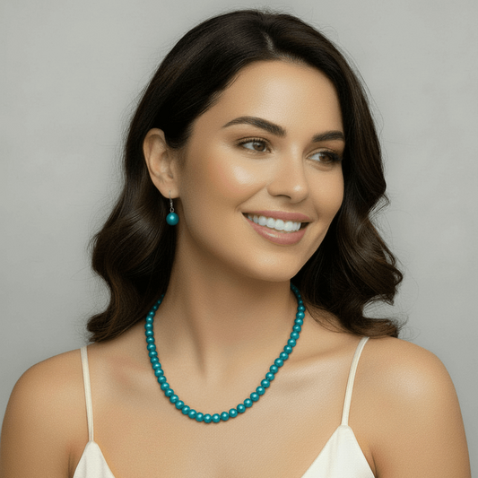 Turquoise Similated Pearls and Earrings 32" Necklace Set