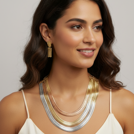 Lucia 3 Layer  Flat Mesh 18" Chain Necklace Set